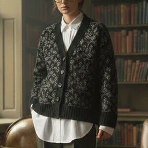 Luxe COACH Signature Black Alpaca Wool Cardigan Sweater L - Preppy Chic